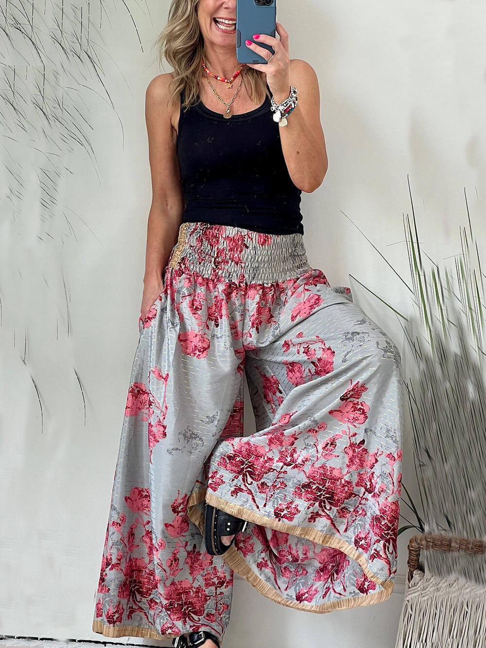 Printed Pocketed Smocked Wide Leg Pants