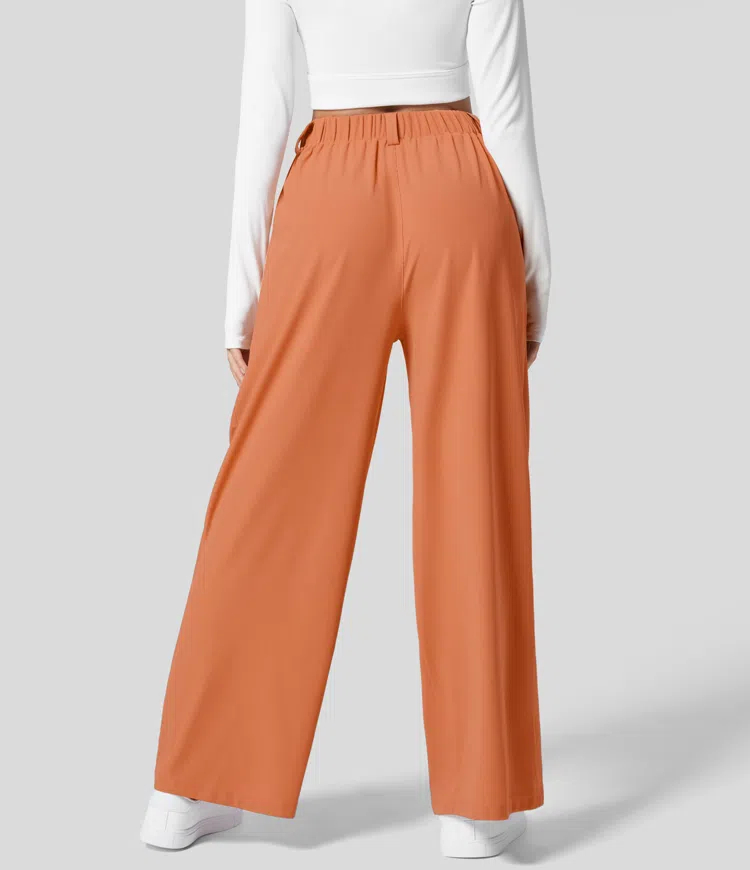 High Waisted Plicated Side Pocket Wide Leg Waffle Work Pants