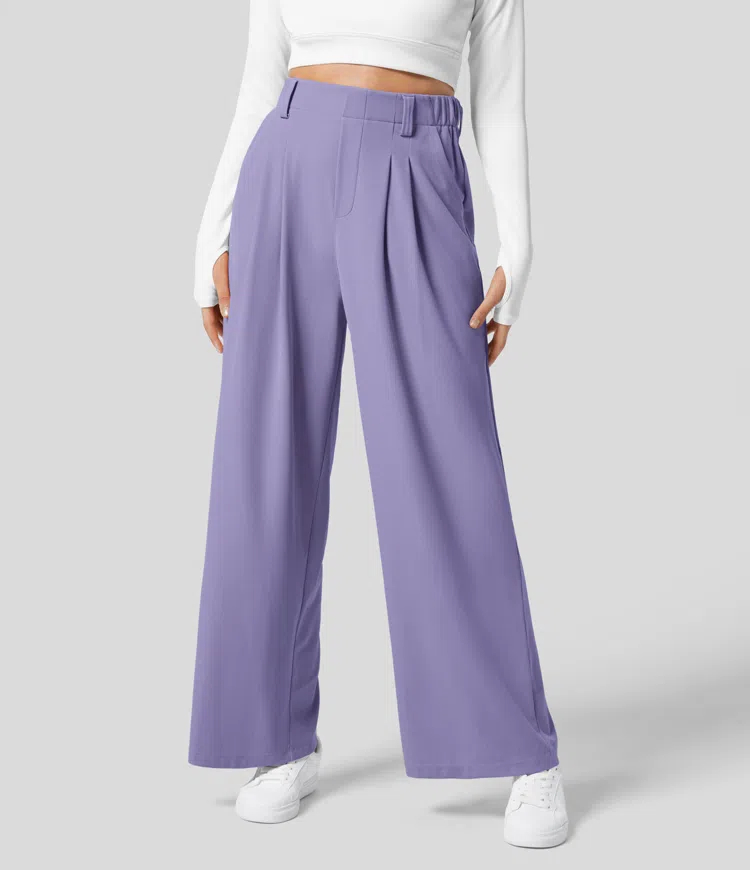 High Waisted Plicated Side Pocket Wide Leg Waffle Work Pants