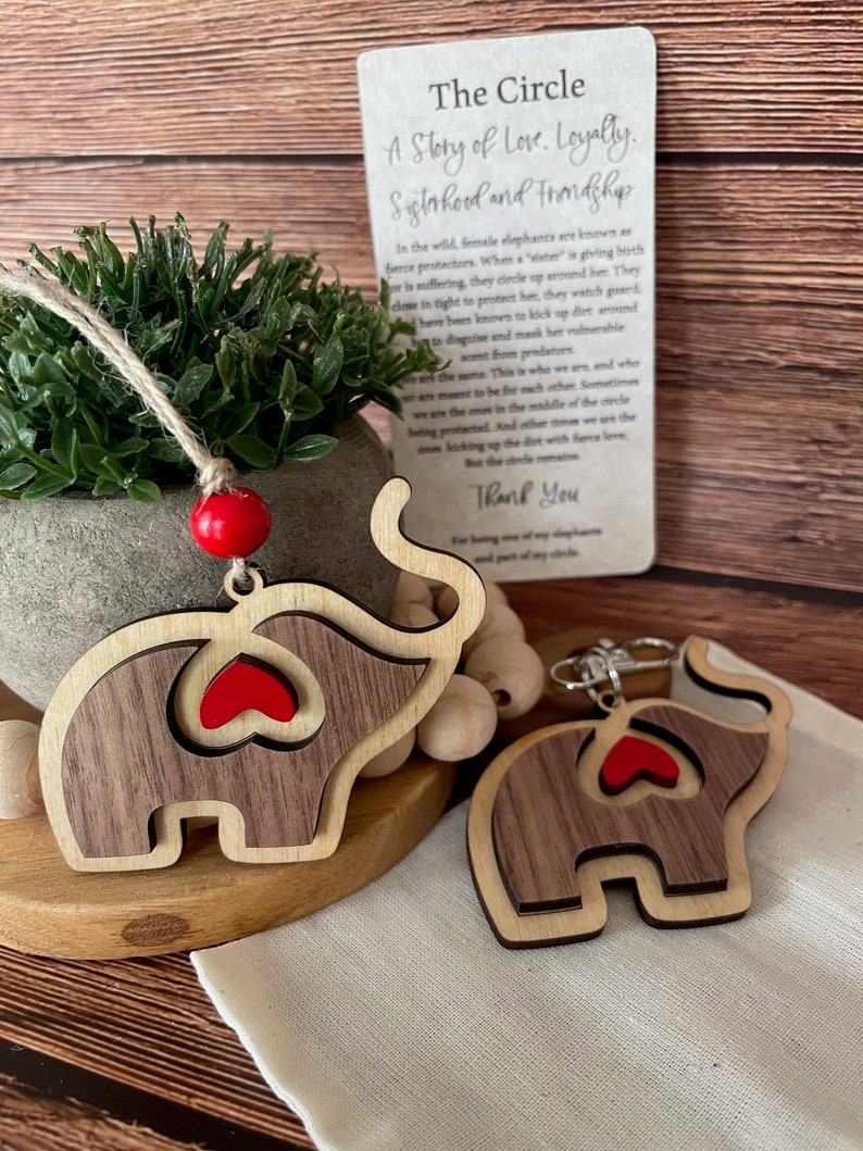 Sisterhood Elephant Ornament for Friends Mom Tribe Gift with Story of Love & Loyalty, Friendship and Sisterhood Maple wood w/card and pouch image 4