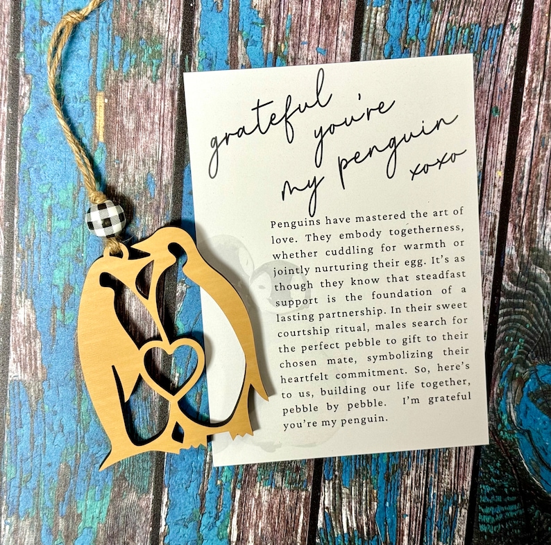 Penguin wooden ornament • Engagement wedding anniversary present story card ornament