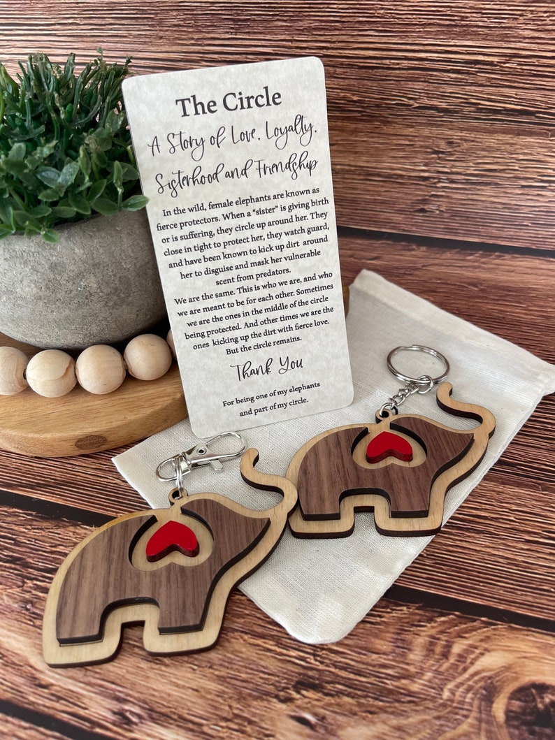 Sisterhood Elephant Ornament for Friends Mom Tribe Gift with Story of Love & Loyalty, Friendship and Sisterhood Maple wood w/card and pouch image 1