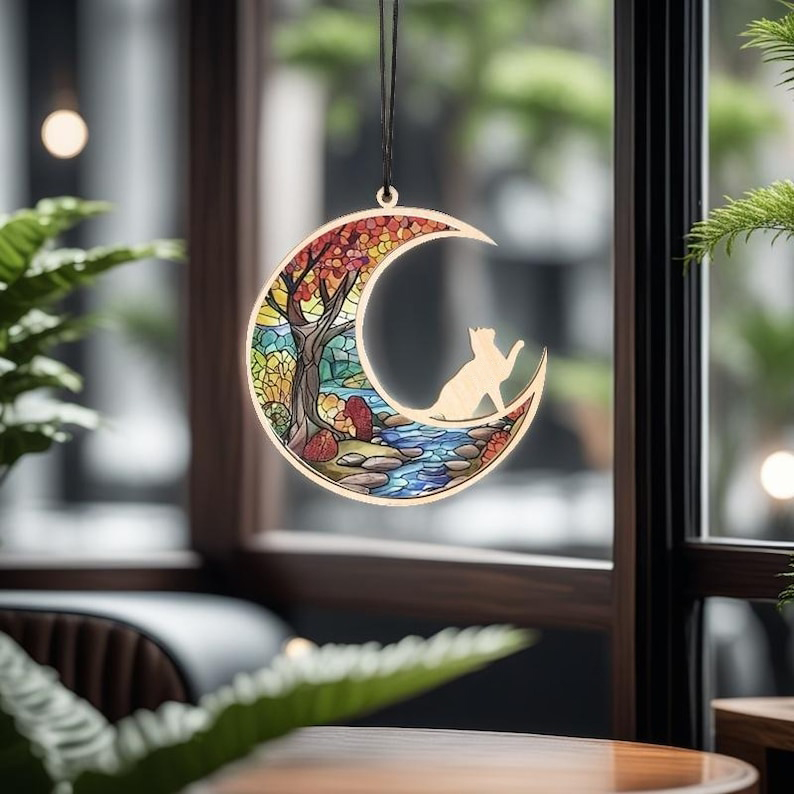Moon Cat Memorial Suncatcher Ornament, Cute Gift for Cat Lovers