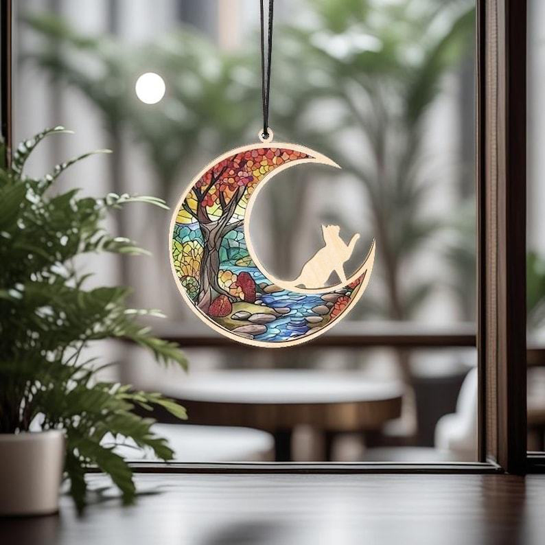 Moon Cat Memorial Suncatcher Ornament, Cute Gift for Cat Lovers