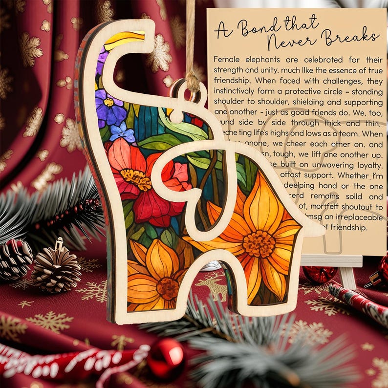 Elephant Ornament 2025, Wooden Acrylic Christmas Tree Ornament with Story Card, Elephant Sisterhood Ornament, Gift for Friends