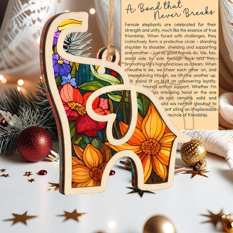 Elephant Ornament 2025, Wooden Acrylic Christmas Tree Ornament with Story Card, Elephant Sisterhood Ornament, Gift for Friends