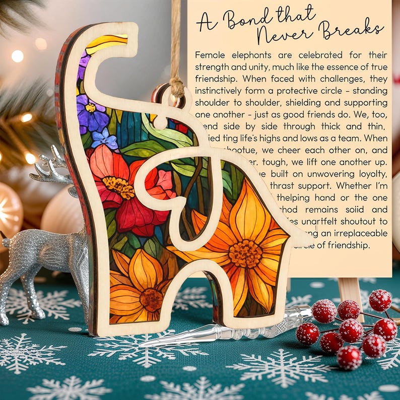 Elephant Ornament 2025, Wooden Acrylic Christmas Tree Ornament with Story Card, Elephant Sisterhood Ornament, Gift for Friends