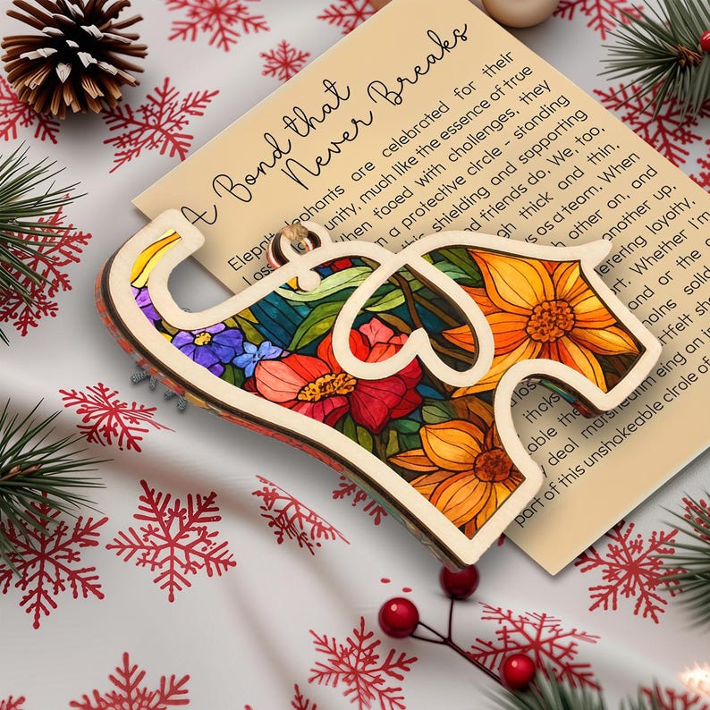 Elephant Ornament 2025, Wooden Acrylic Christmas Tree Ornament with Story Card, Elephant Sisterhood Ornament, Gift for Friends