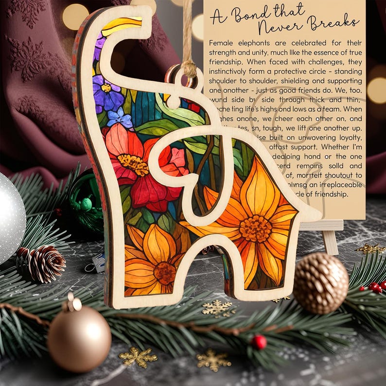 Elephant Ornament 2025, Wooden Acrylic Christmas Tree Ornament with Story Card, Elephant Sisterhood Ornament, Gift for Friends