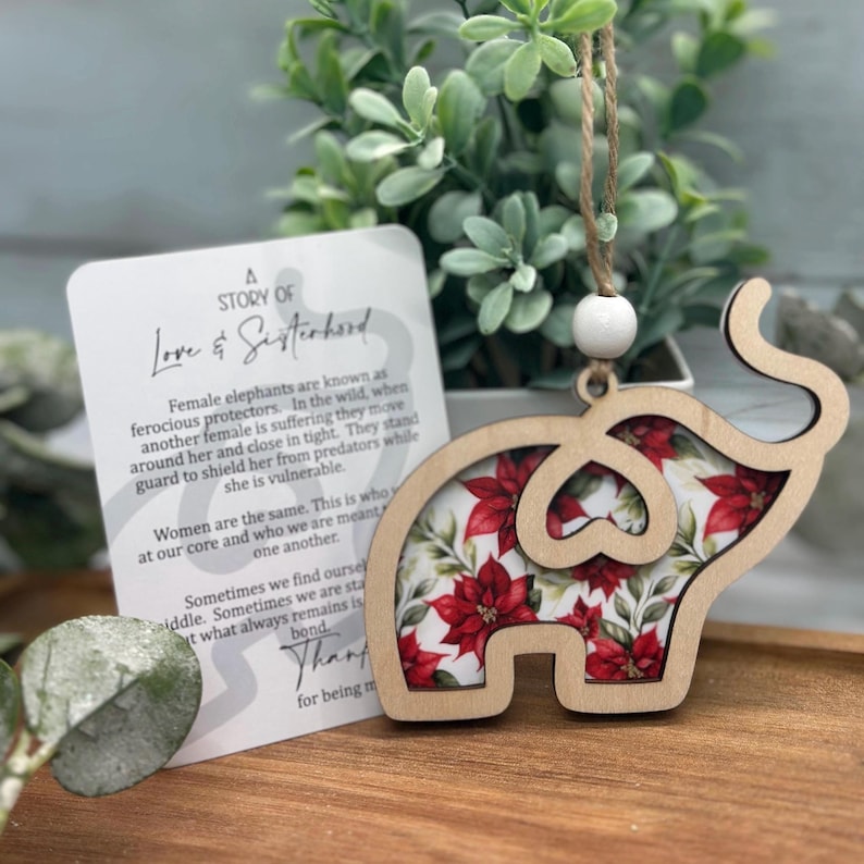 Poinsettia Floral Sisterhood Elephant Ornament with Card