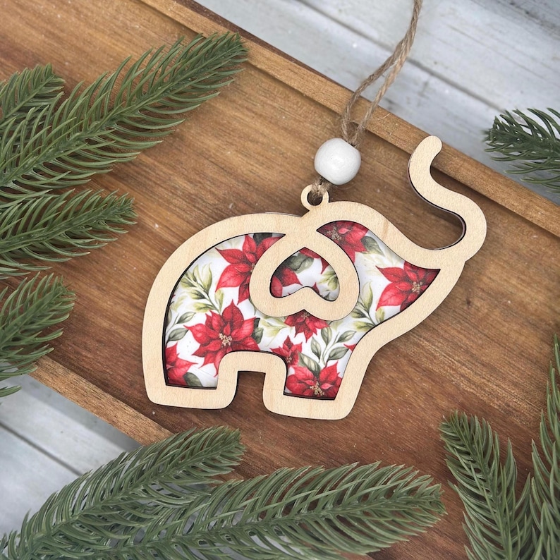 Poinsettia Floral Sisterhood Elephant Ornament with Card