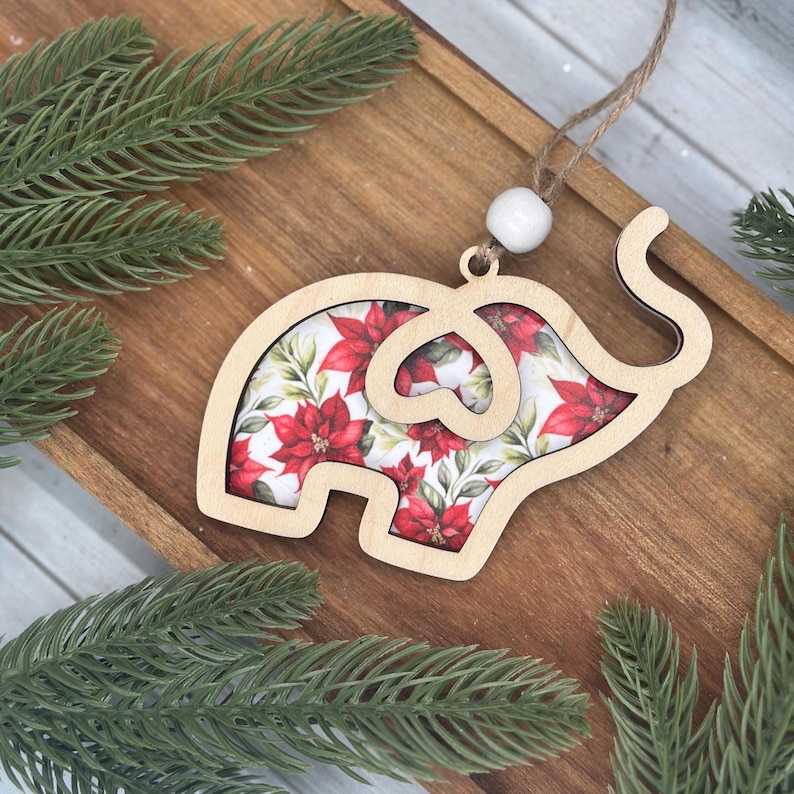 Poinsettia Floral Sisterhood Elephant Ornament with Card