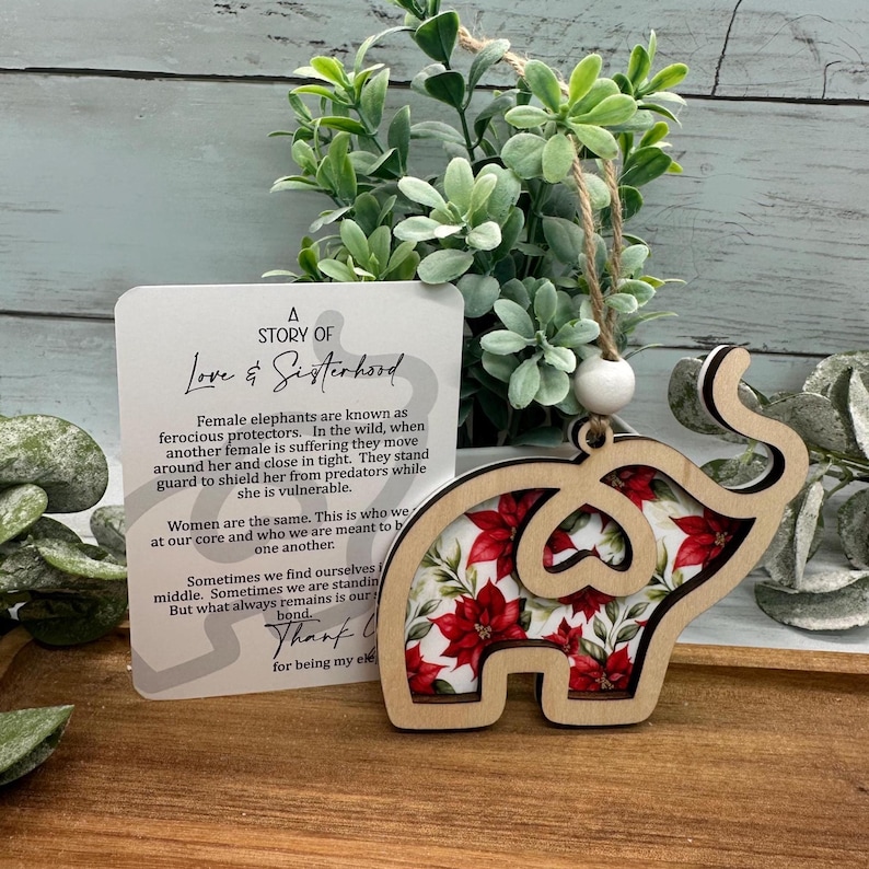 Poinsettia Floral Sisterhood Elephant Ornament with Card