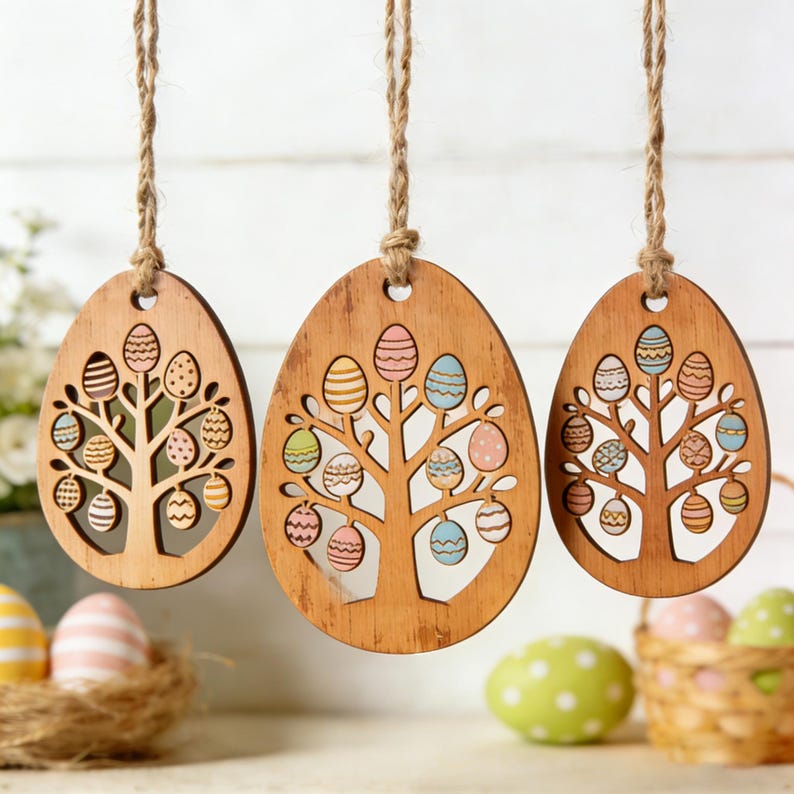 Easter Ornaments Kit - 3pc Wood Cutouts with Rope, Easter Decor