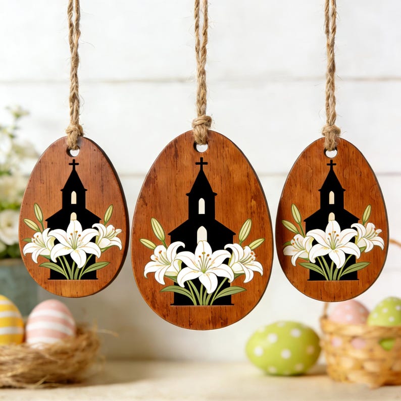复活节装饰套装 - 3 件木质镂空装饰品,带绳子,复活节装饰