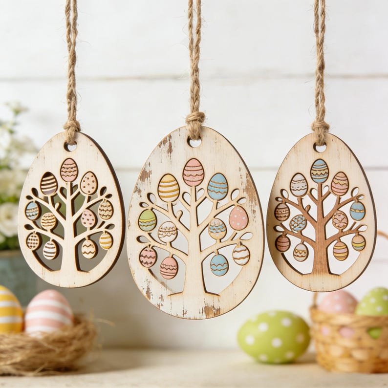Easter Ornaments Kit - 3pc Wood Cutouts with Rope, Easter Decor