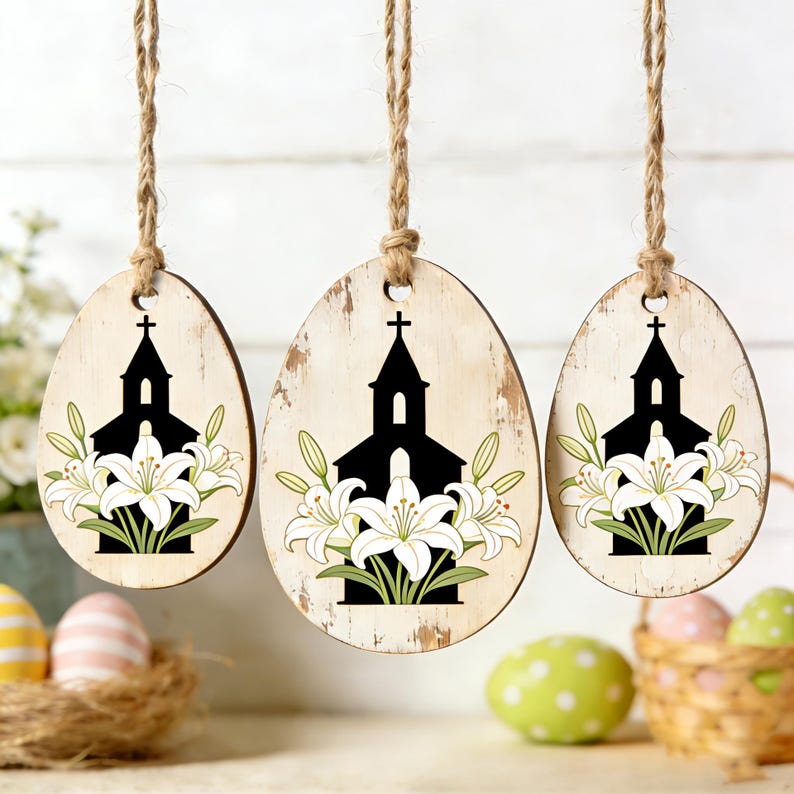 Easter Ornaments Kit - 3pc Wood Cutouts with Rope, Easter Decor