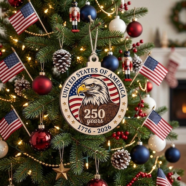 USA 250 Years Wood Ornament, Layered Eagle Patriotic Gift, 1776-2026 Anniversary Decor, Handmade Wooden Semiquincentennial Gift