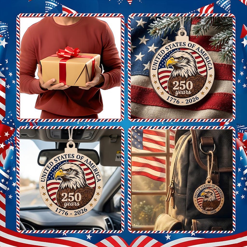 USA 250 Years Wood Ornament, Layered Eagle Patriotic Gift, 1776-2026 Anniversary Decor, Handmade Wooden Semiquincentennial Gift