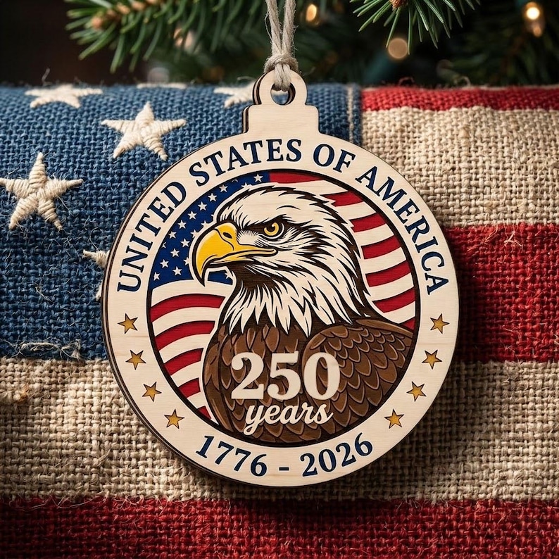 USA 250 Years Wood Ornament, Layered Eagle Patriotic Gift, 1776-2026 Anniversary Decor, Handmade Wooden Semiquincentennial Gift