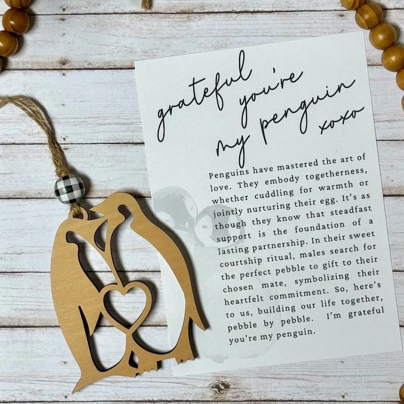 Penguin wooden ornament • Engagement wedding anniversary present story card ornament