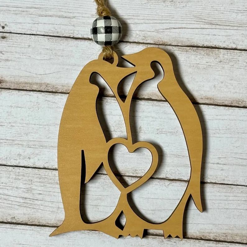 Penguin wooden ornament • Engagement wedding anniversary present story card ornament