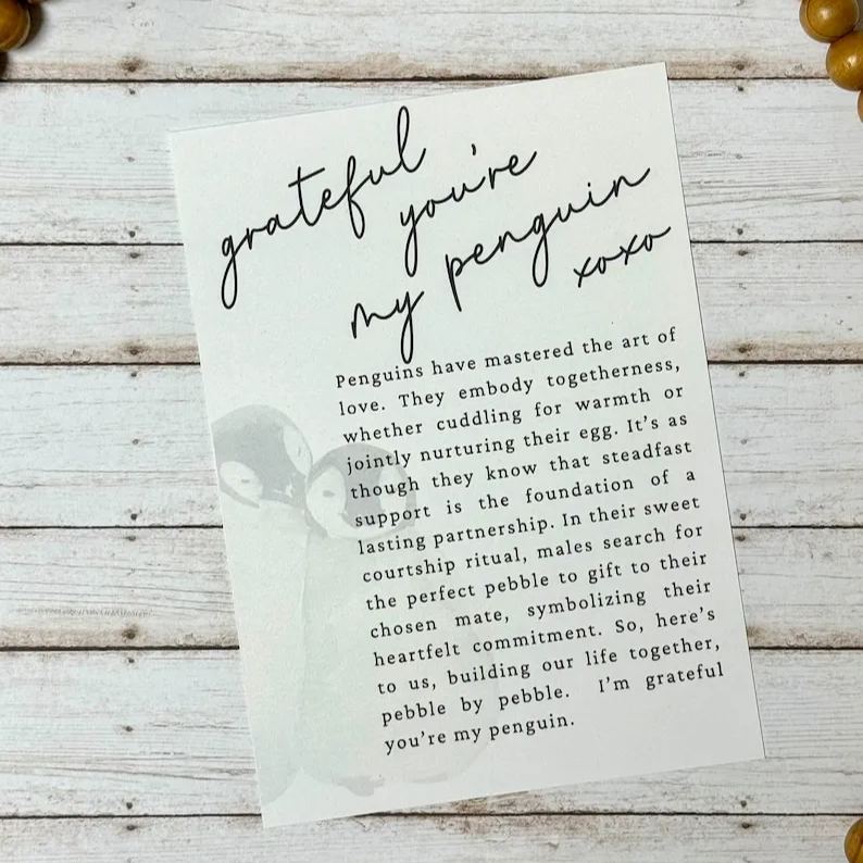 Penguin wooden ornament • Engagement wedding anniversary present story card ornament