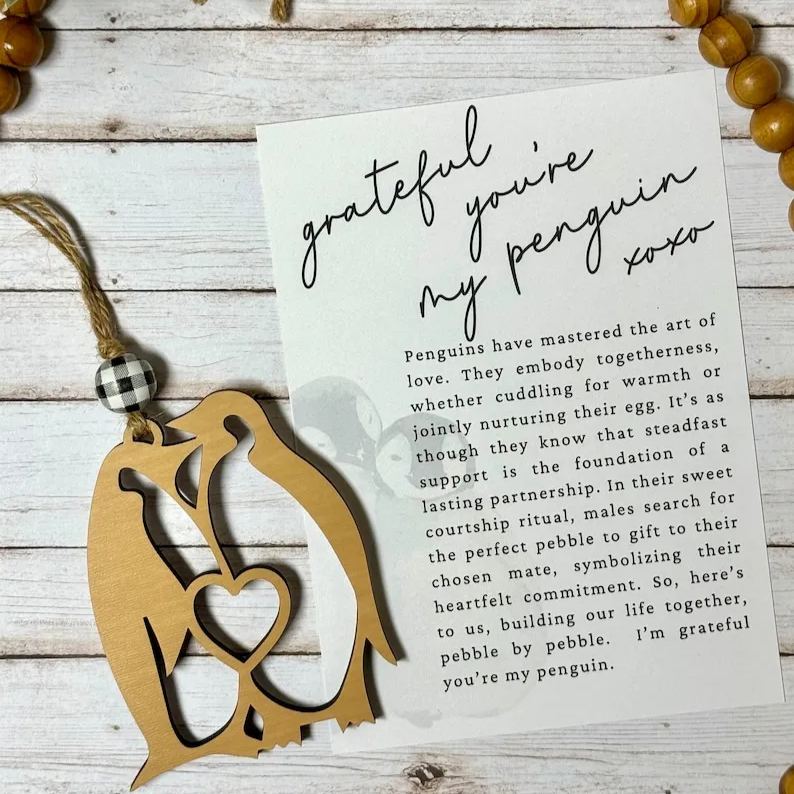 Penguin wooden ornament • Engagement wedding anniversary present story card ornament