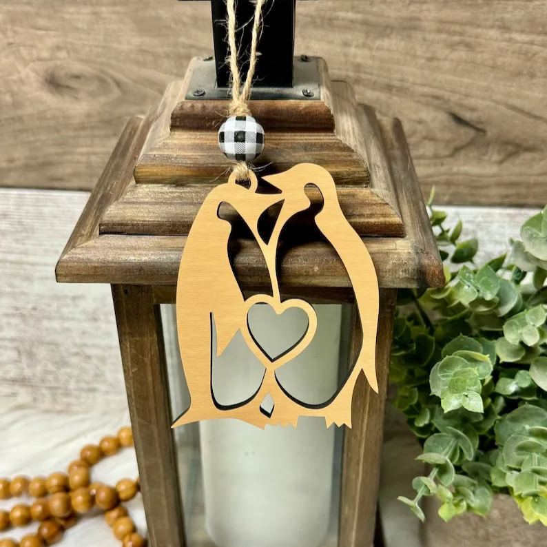 Penguin wooden ornament • Engagement wedding anniversary present story card ornament