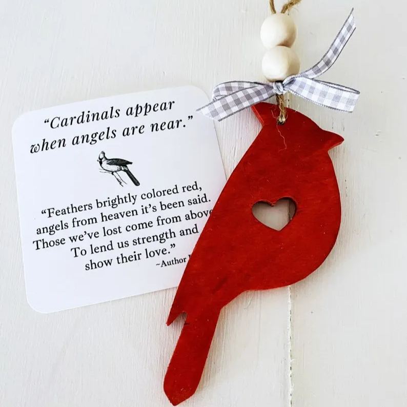 Cardinals appear when angels are near wood hanging ornament