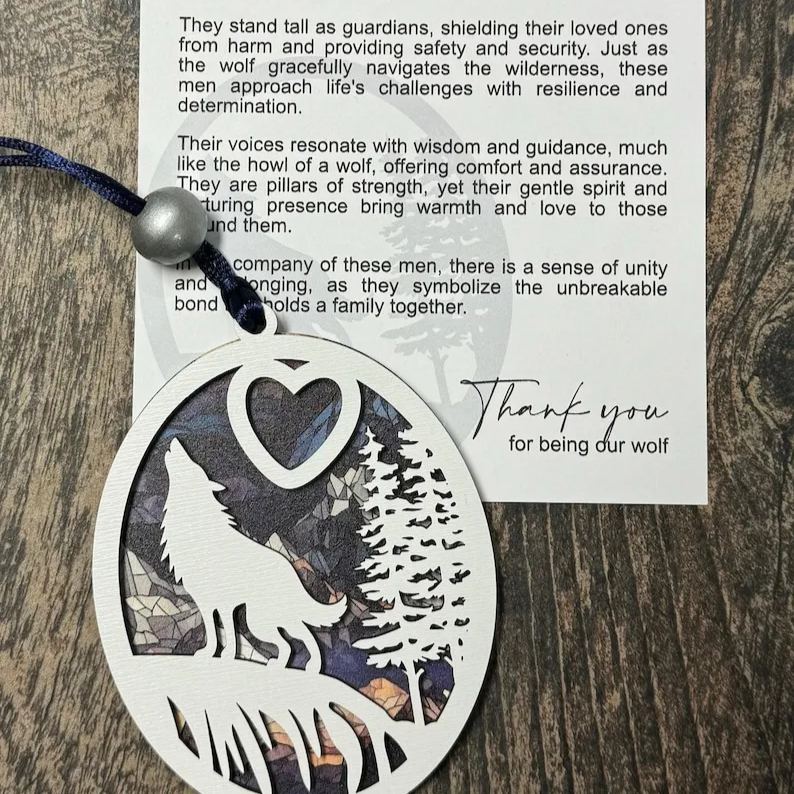 Father’s Day gift, gift for him, wolf ornament, dad gifts, gifts for grandpa, dad birthday gift, story card ornament, best Father’s Day gift