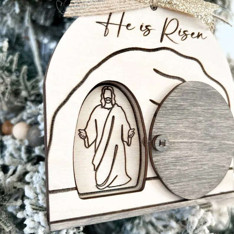Beautiful Jesus Christ "He is Risen" Moveable Tomb Ornament 