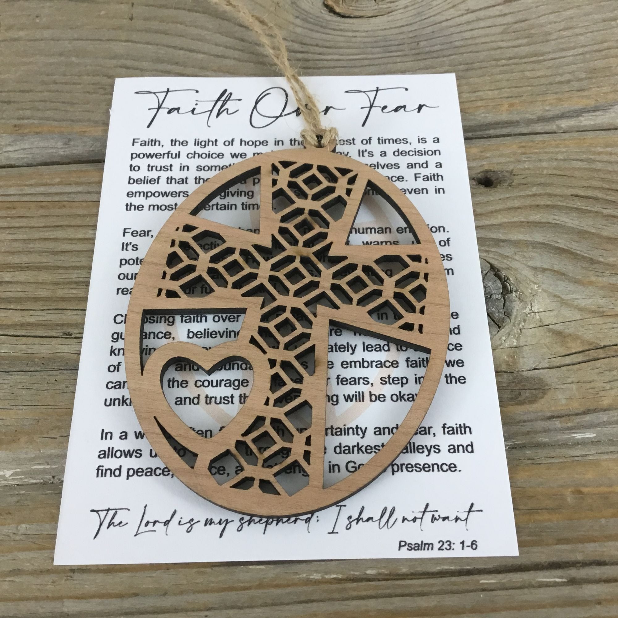 Wood Cross Faith Over Fear Story Card Ornament
