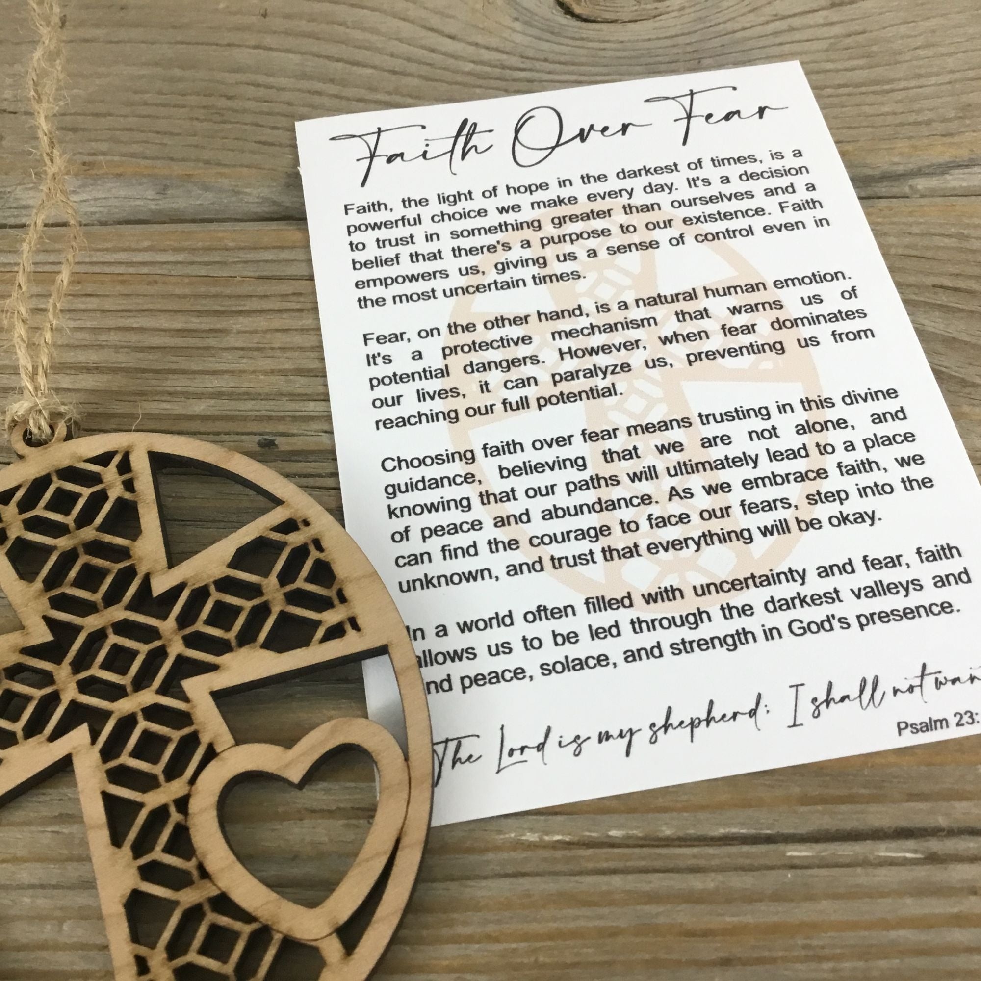Wood Cross Faith Over Fear Story Card Ornament