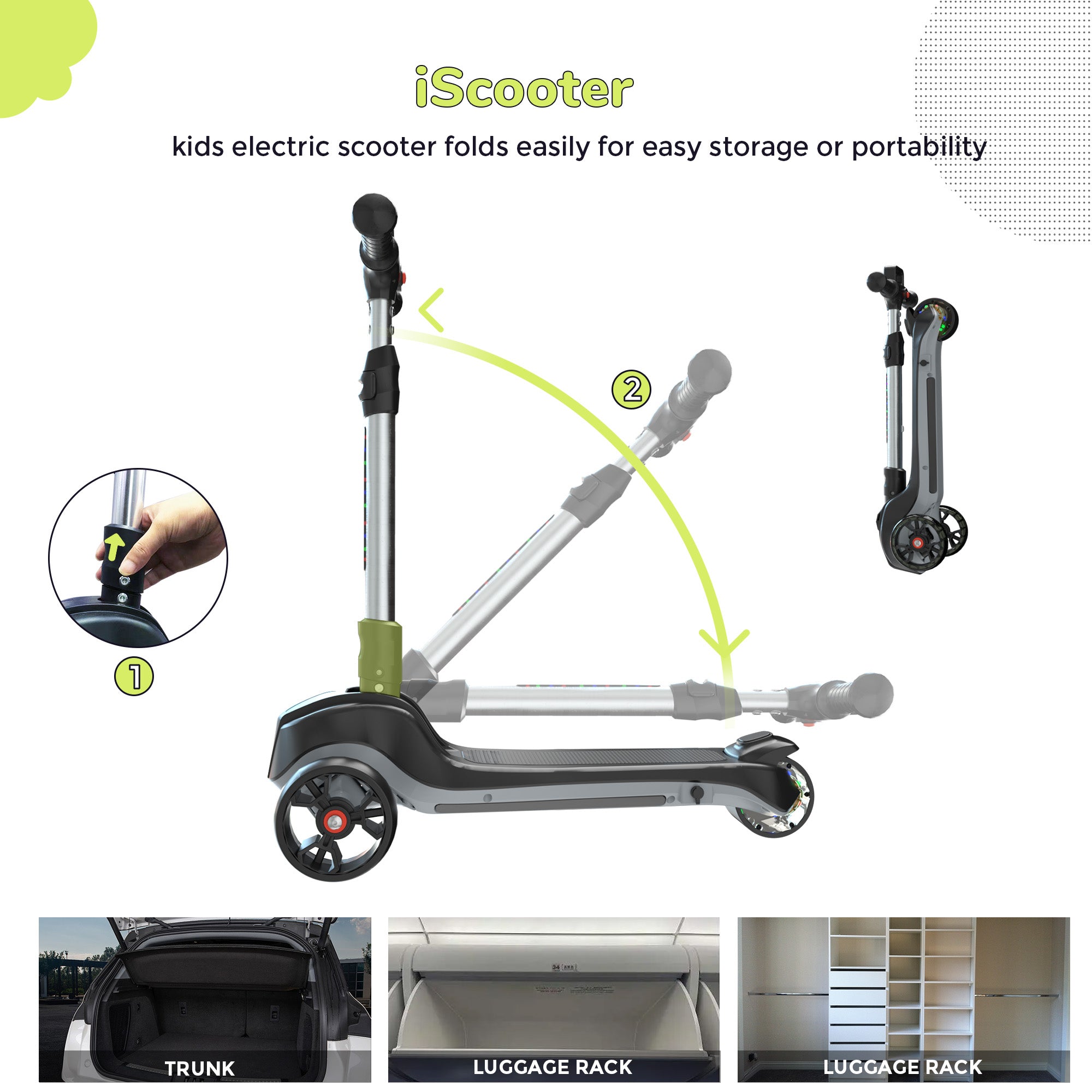 iK2 3-Wheel Electric Scooter Adjustable Height for Kids Ages