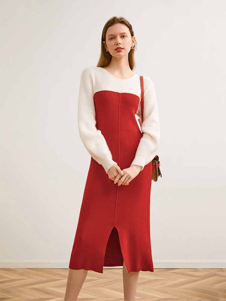 法式复古红撞色拼接连衣裙 温柔风显瘦仙女裙
