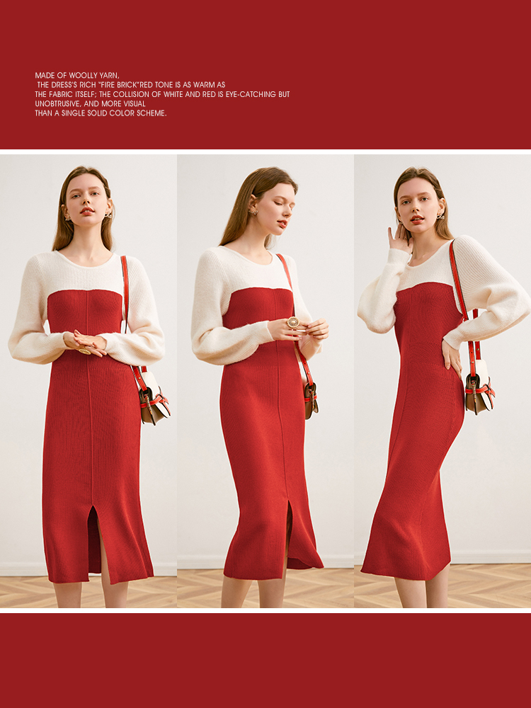 法式复古红撞色拼接连衣裙 温柔风显瘦仙女裙