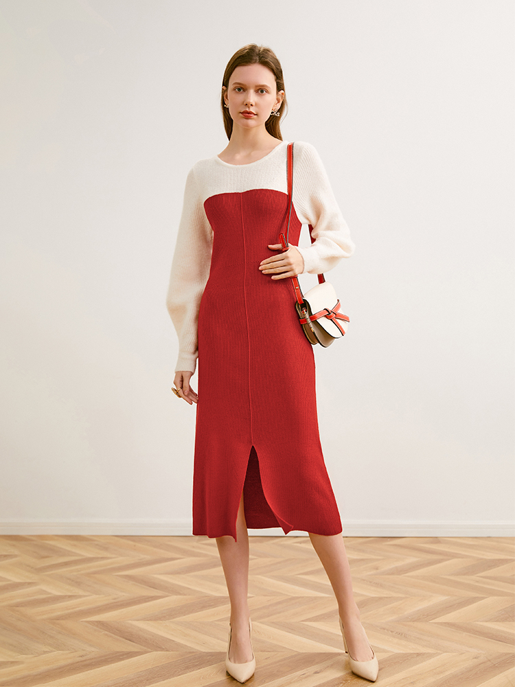 法式复古红撞色拼接连衣裙 温柔风显瘦仙女裙