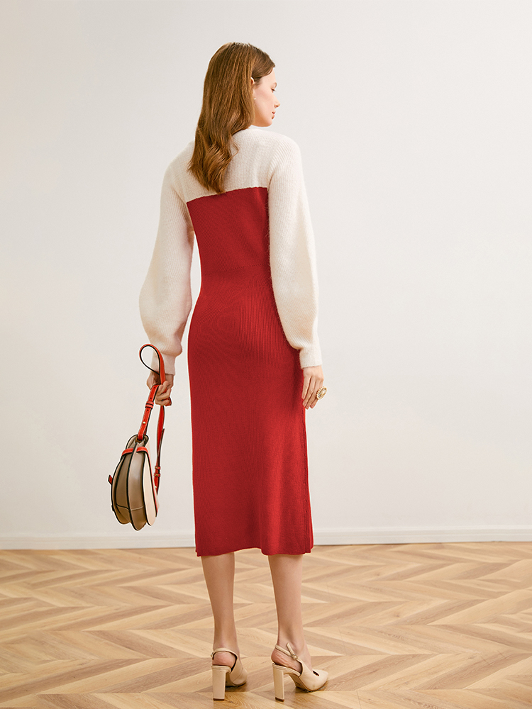 法式复古红撞色拼接连衣裙 温柔风显瘦仙女裙