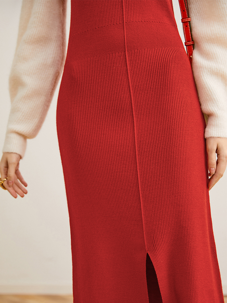 法式复古红撞色拼接连衣裙 温柔风显瘦仙女裙