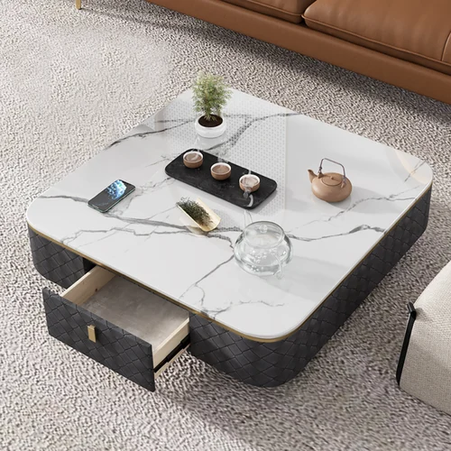 Modern Square Coffee Table with Storage with Sintered Stone Top & Metal Base