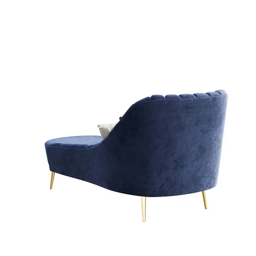 Modern Mid-Century Blue Velvet Upholstered Chaise Lounge with Golden Metal Legs