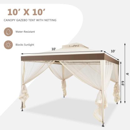 10FT Patio Canopy Gazebo with Double Tiered Roof, Outdoor Tent Shelter Garden Party Tent with Steel Frame & Removable Mesh Side Walls Net for Patio Lawn or Deck