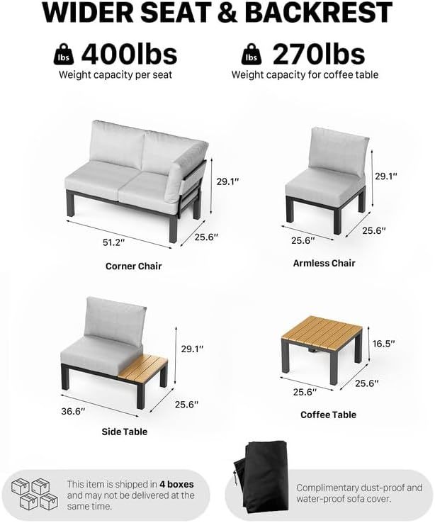 5 Pieces Aluminum Outdoor Patio Furniture Set, Movable Backrest Modular Sectional Sofa Set