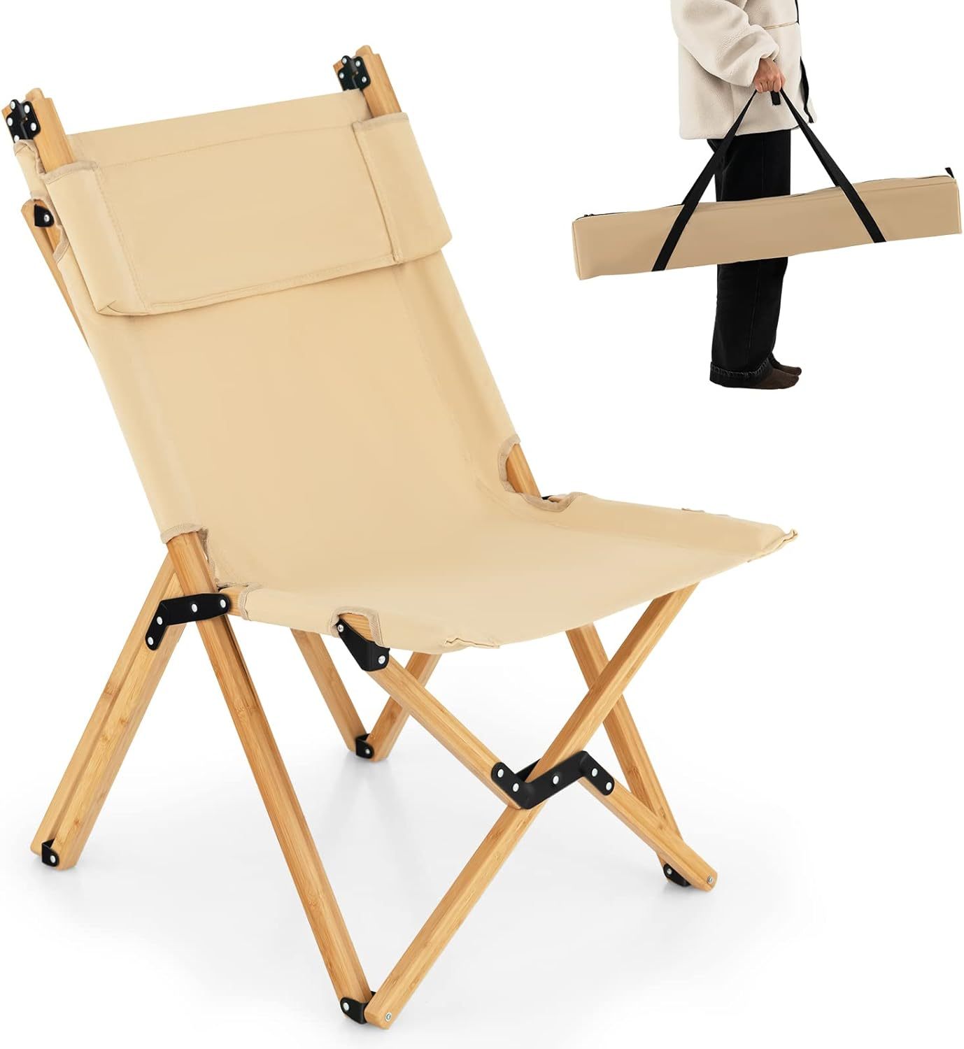 Folding Camping Chair, Bamboo Wood Beach Chair with Breathable Canvas, 2-Level Adjustable Backrest