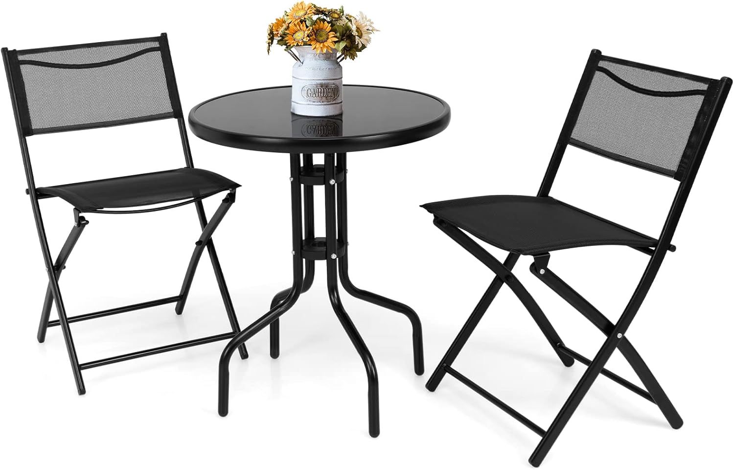 3 Pieces Bistro Set Round Coffee Table & Folding Chairs Set for Balcony Garden Backyard