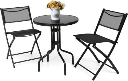 3 Pieces Bistro Set Round Coffee Table & Folding Chairs Set for Balcony Garden Backyard