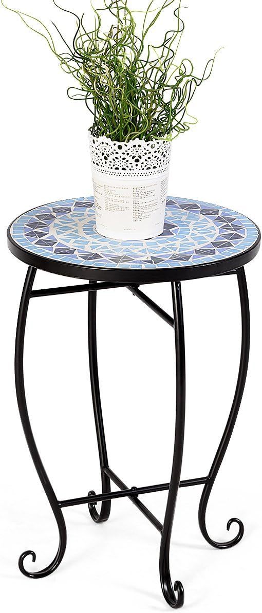 Outdoor Side Table, Round Patio Table with Ceramic Mosaic Table Top and Steel Frame, Small End Table Garden Plant Stand Table for Balcony Porch Deck