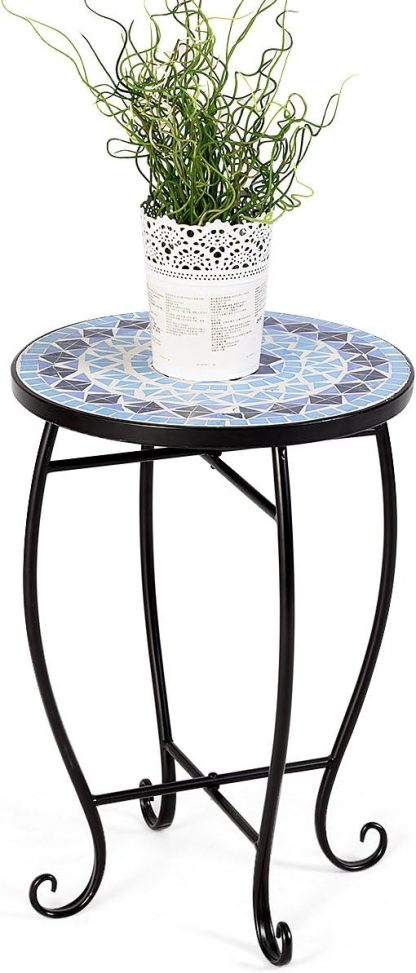 Outdoor Side Table, Round Patio Table with Ceramic Mosaic Table Top and Steel Frame, Small End Table Garden Plant Stand Table for Balcony Porch Deck