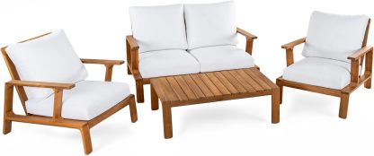 4-Pieces Acacia Wood Patio Furniture Set, All-Weather Sectional Sofa Set w/ 2 Chairs, Loveseat & Coffee Table